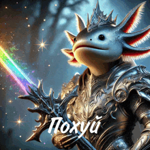 an axolotl in armor is holding a rainbow sword and the word poxyu is on the bottom right