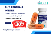 a bottle of adderall capsules with a coupon code of save10