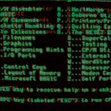 a computer screen shows a list of commands including " control keys " and " layout of memory "