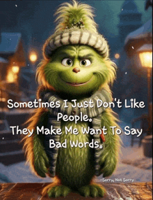 a grinch with a quote that says sometimes i just don 't like people