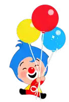 a cartoon clown is holding three balloons in his hands