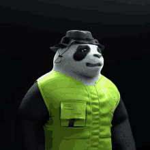 a panda bear wearing a black hat and a green vest that says beard squad