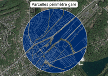 an aerial view of a city with the words parcelles perimetre gare written above it