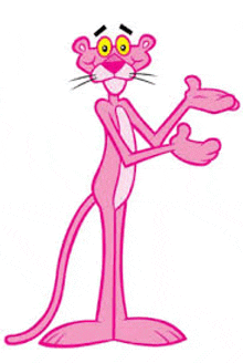 a cartoon pink panther is standing with his hands outstretched .