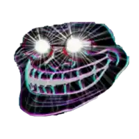 a troll face with glowing eyes and a purple background