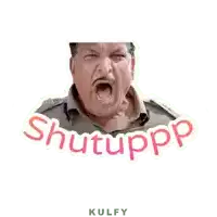 a sticker of a man screaming with the words shutupp written below him