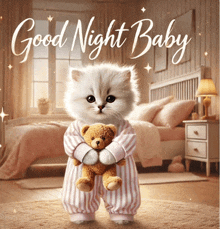 a cat in pajamas holding a teddy bear with the words " good night baby " on the bottom