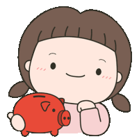 a girl is holding a red piggy bank with a triangle on it