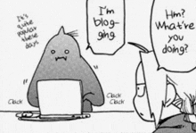 a black and white drawing of a man talking to a monster that says i 'm blog ing