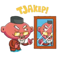 a cartoon drawing of a man pointing at his reflection in a mirror with the words tjakep written above him