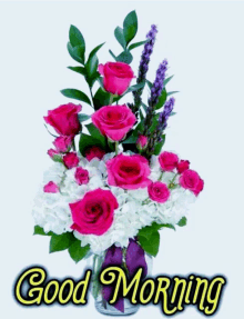 a bouquet of pink and white roses in a glass vase with the words good morning