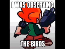 a cartoon character holding a gun with the words i was observing the birds