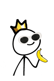 a stick figure with sunglasses and a crown on his head holds a banana