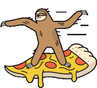 an illustration of a sloth riding a slice of pepperoni pizza