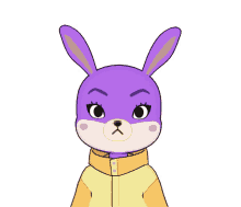 a purple rabbit wearing a yellow jacket has a serious look on its face