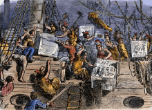 a drawing of a group of people on a ship with a sign that says ' a ' on it