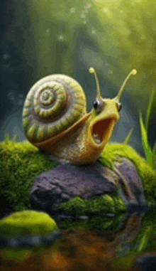 a snail with its mouth open is sitting on a rock in the grass .