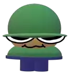 a cartoon character is wearing a green helmet and a blue shirt .