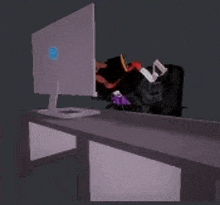 a cartoon character is sitting at a desk in front of a computer monitor .