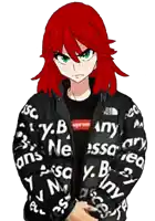 a girl with red hair is wearing a black jacket with supreme written on it