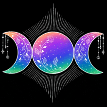 three rainbow colored crescent moons with flowers and stars on a black background