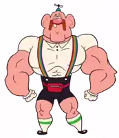 a cartoon character with huge muscles and a rainbow suspenders