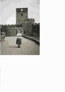 a woman stands in front of a stone wall with a castle in the background