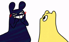 a cartoon drawing of a black rabbit and a yellow frog