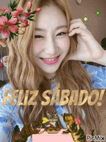 a picture of a woman with flowers in her hair and the words feliz sabado