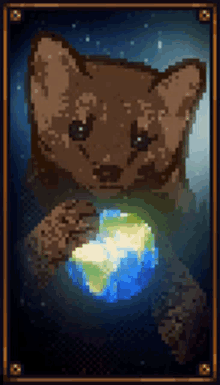 a pixel art drawing of a cat holding the earth