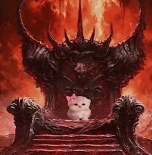 a white cat is sitting on the throne of a demon