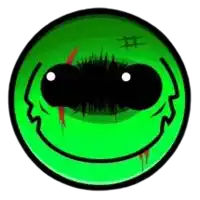 a green smiley face with black eyes and a stitch on it .