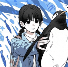 a drawing of a girl holding a penguin in front of a blue and white background