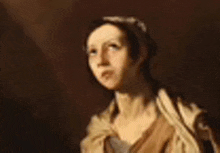 a close up of a woman 's face in a painting with a dark background .