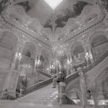 a black and white photo of a very ornate building with a staircase and a statue