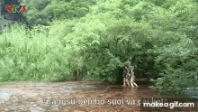 a couple of people standing in a river with the words " tam su ben bo suoi và cai ket " on the bottom