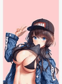 a girl in a bikini and a baseball cap is wearing a blue jacket and a hat .