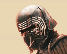 a close up of a person wearing a helmet that looks like a darth vader helmet