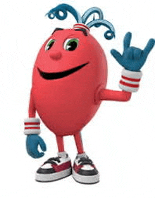 a red cartoon character is giving a peace sign with his hands .