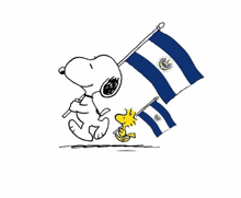 a cartoon drawing of snoopy and woodstock holding flags