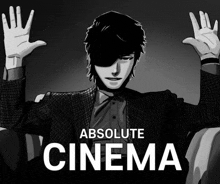 an ad for absolute cinema shows a man with his hands up