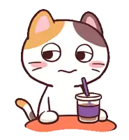 a calico cat drinking a cup of coffee with a straw