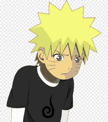 a cartoon character with yellow hair and blue eyes is wearing a black shirt with a swirl on it