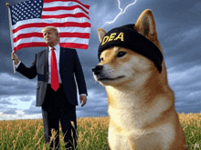 a dog wearing a dea hat is standing next to a man holding an american flag