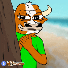 a cartoon of a bull wearing a green shirt with the word mum on the bottom right