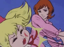 a cartoon of two girls fighting each other in a room .