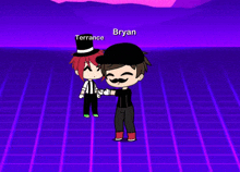 two cartoon characters named terrace and bryan are standing next to each other on a purple background