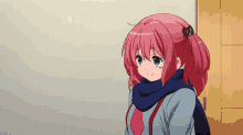 a girl with pink hair wearing a scarf and a tie