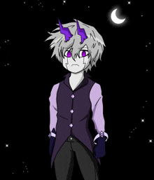 a drawing of a person with purple horns and a crescent moon in the background