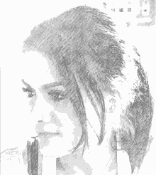 a black and white drawing of a woman 's face with the letter r on the bottom right